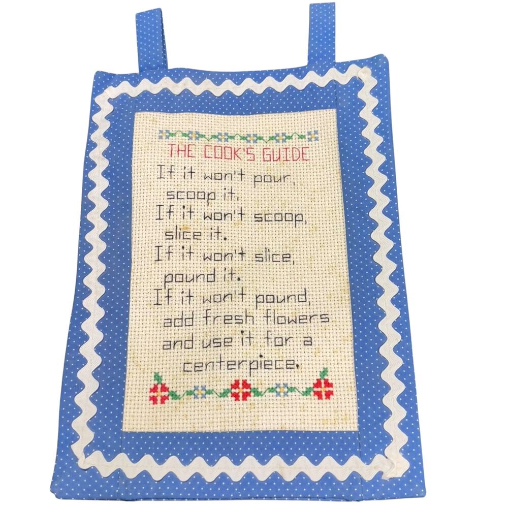 Vintage The Cook’s Guide Cross Stitch Kitchen Wall Hanging Blue Polka Dot